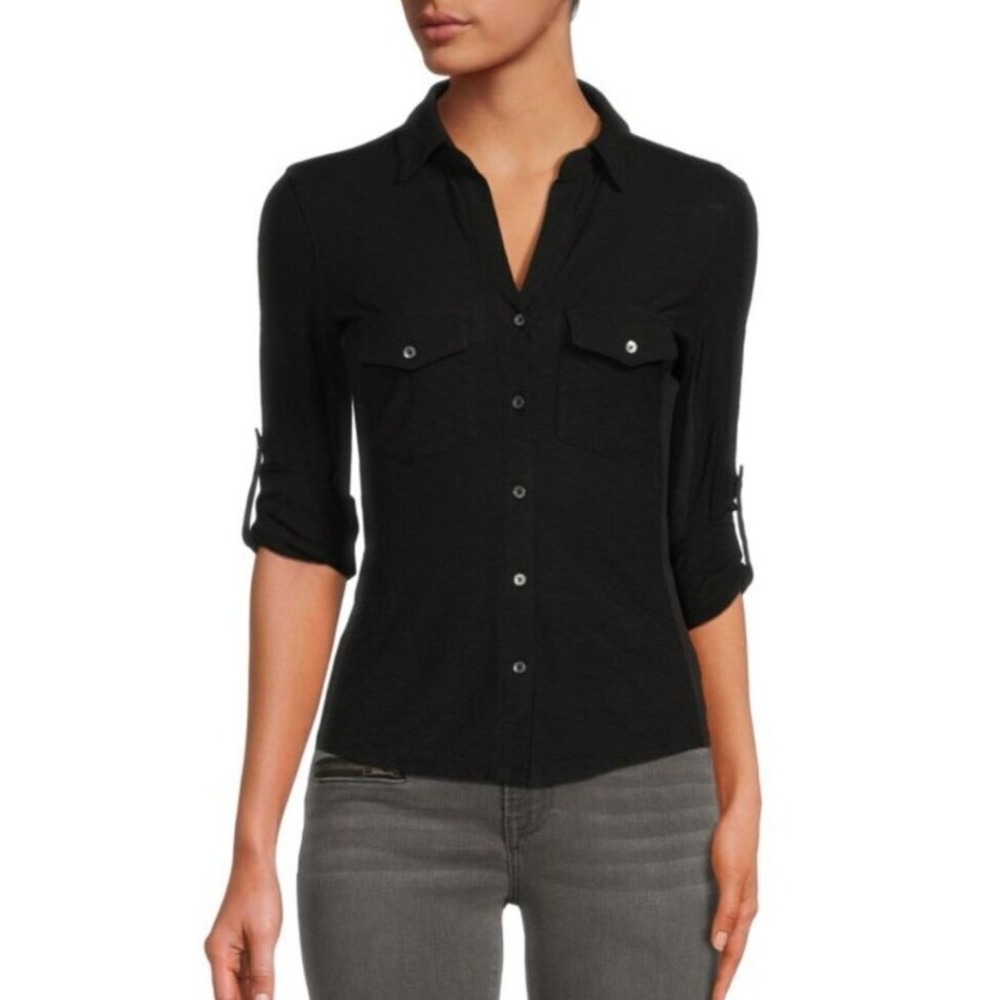 James Perse Sheer Slub Side Panel Shirt Black Size 2 - Picture 4 of 9